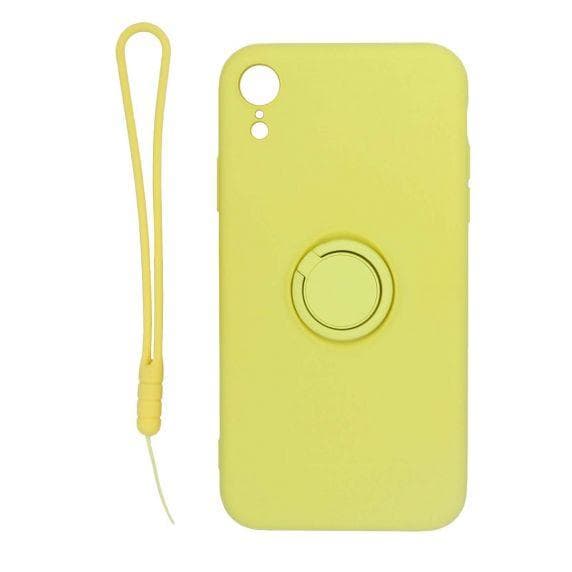 iPhone XR Soft Liquid Silicone Case With Magnetic Ring Holder Stand and Slim Hands Strap Best Quality Yellow
