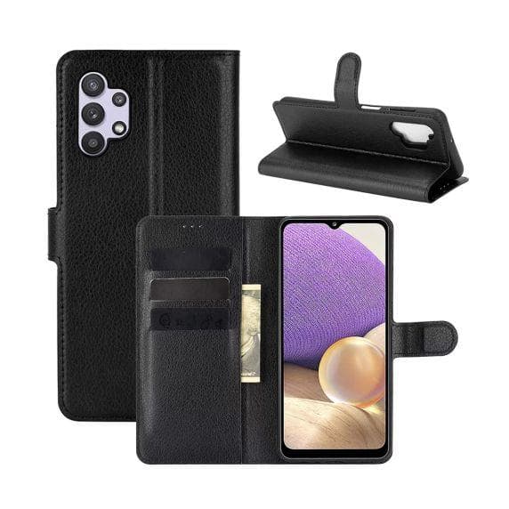 Flip Stand Leather Wallet Case For Samsung Galaxy A32 4G Black