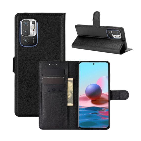Flip Stand Leather Wallet Case For Xiaomi Redmi Note 10 5G Black