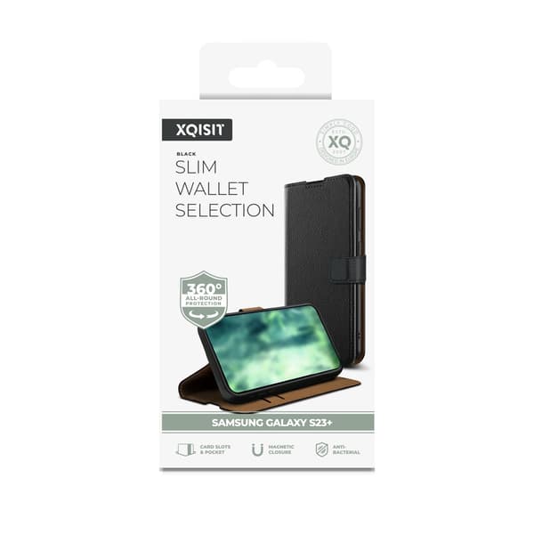 XQISIT Samsung Galaxy S23 Plus Kotelo Slim Wallet Selection Musta