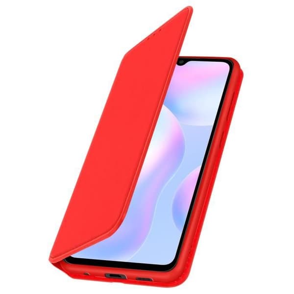 Hoes - AVIZAR - Xiaomi Redmi 9A - Ekologiskt läder Röd - Stödfunktion - Heltäckande skydd