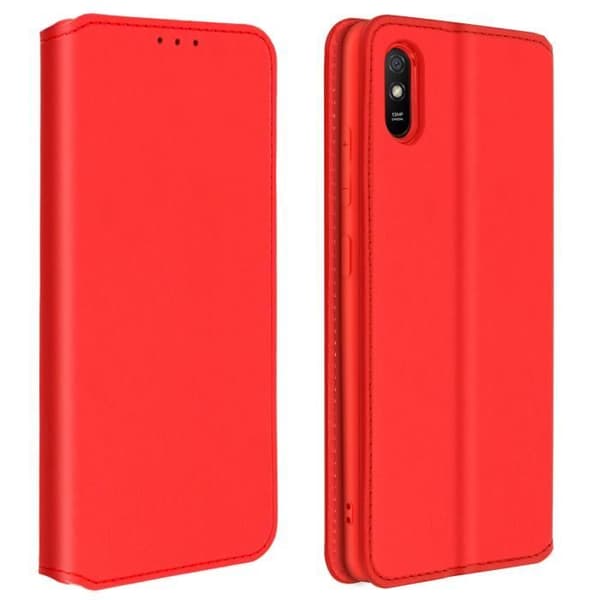 Hoes - AVIZAR - Xiaomi Redmi 9A - Ekologiskt läder Röd - Stödfunktion - Heltäckande skydd