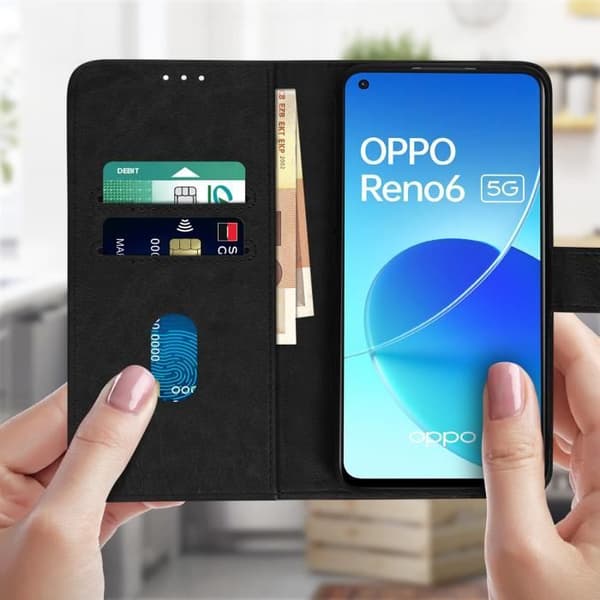 Oppo Reno 6 5G Flip Cover Plånboksfunktion Videostöd Svart