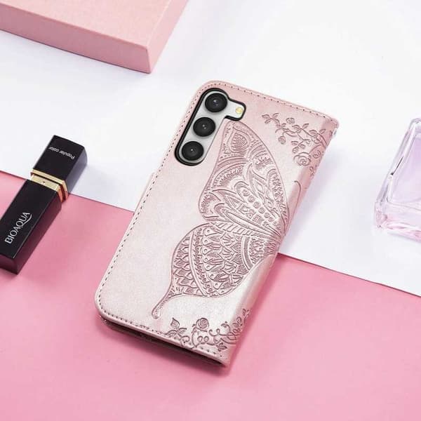 Samsung S23 Plus Pung-etui PU-læder 4-LOMMES Motiv Sommerfugl