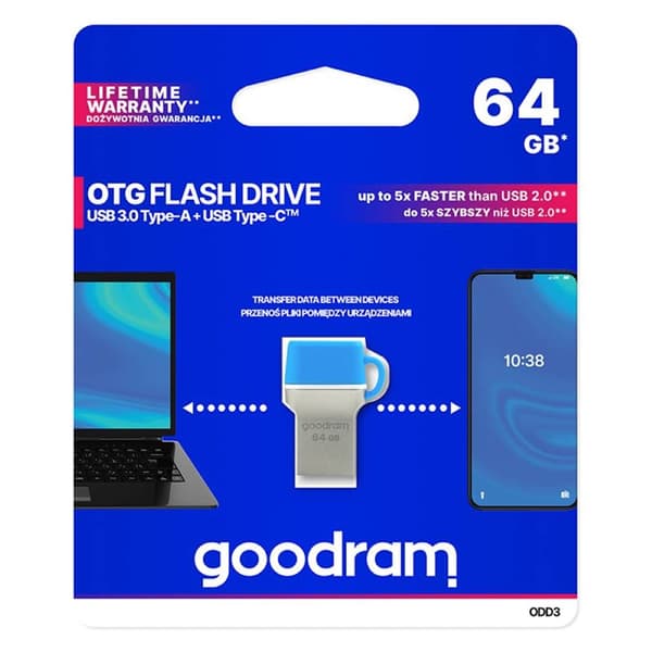 GOODRAM 64GB ODD3 PenDrive USB 3.0 + Type C OTG - Sininen