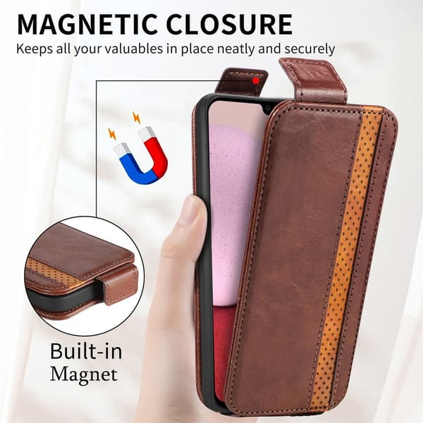 SKALO Samsung A14 4G/5G CASENEO Vertical Flip Lompakkokotelo - Ruskea