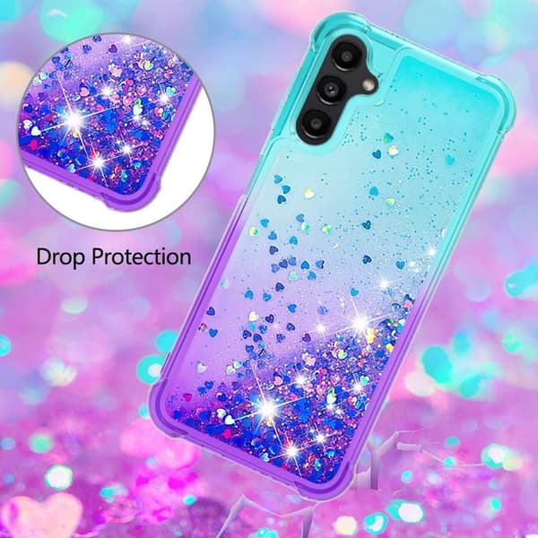 SKALO Samsung A14 5G Kvicksand Glitter Hjerter TPU Cover - Turkis-Lilla