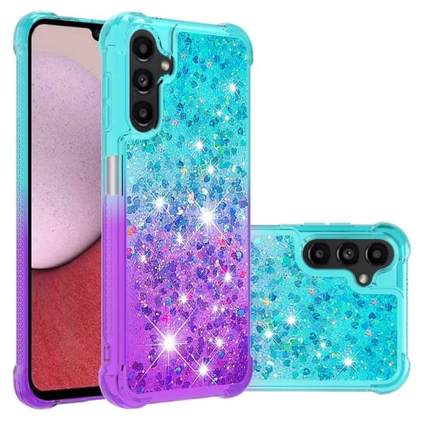 SKALO Samsung A14 5G Kvicksand Glitter Hjerter TPU Cover - Turkis-Lilla