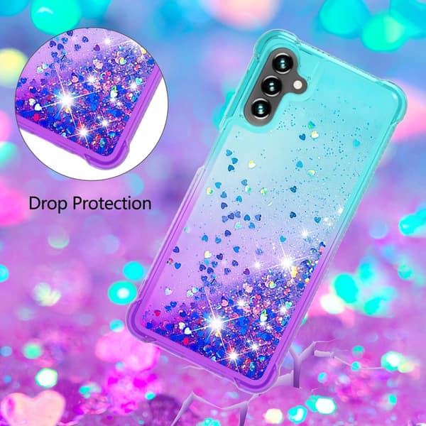 SKALO Samsung A54 5G Kvicksand Glitter Hjerter TPU Cover - Turkis-Lilla