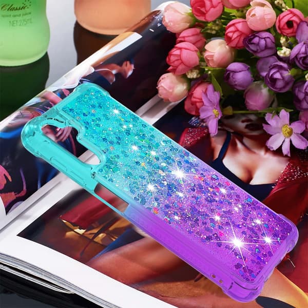 SKALO Samsung A54 5G Kvicksand Glitter Hjerter TPU Cover - Turkis-Lilla