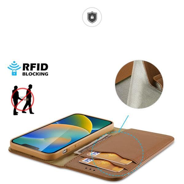 Dux Ducis iPhone 14 Plus -lompakkokotelo aitoa nahkaa RFID-suojauksella