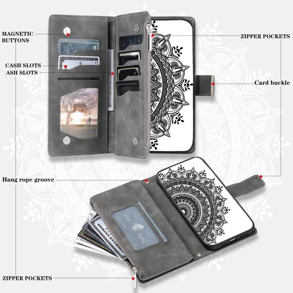 SKALO Xiaomi Redmi Note 12 4G Big Wallet Mandala Lompakkokotelo - Harmaa