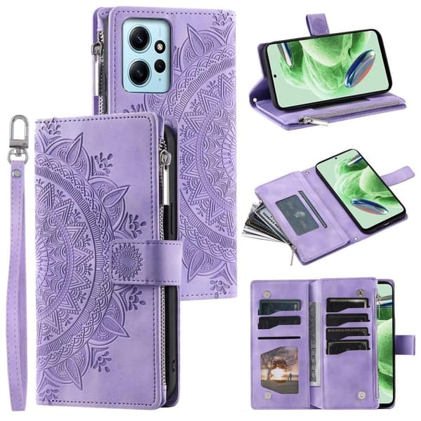 SKALO Xiaomi Redmi Note 12 4G Big Wallet Mandala Lompakkokotelo - Violetti