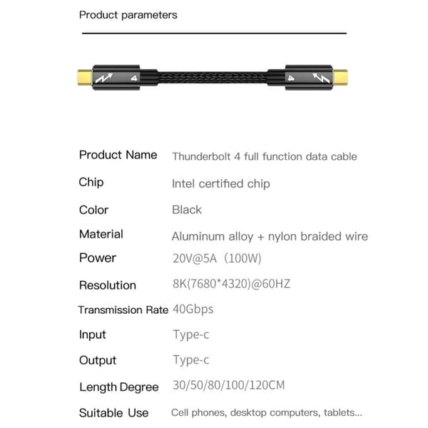 Thunderbolt 4 Kabel 30cm USB-C 100W 8K 60Hz PD Svart