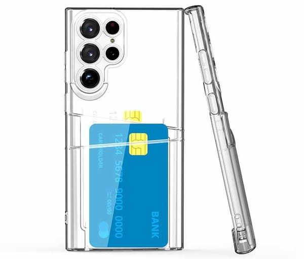 Samsung Galaxy S22 Ultra - gennemsigtigt cover med dobbelt kortspor + selvklæbende, hærdet beskyttelsesglas