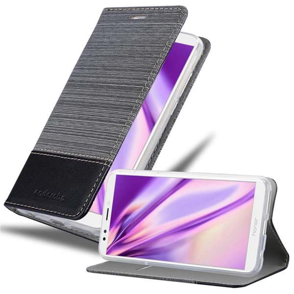 Honor 7C / Huawei Y7 2018 Suojakotelo Suojakuori Lompakkokotelo Matkapuhelinkotelo jossa magneettisuljenta, jalusta-toiminto ja korttitasku HARMAA MUSTA
