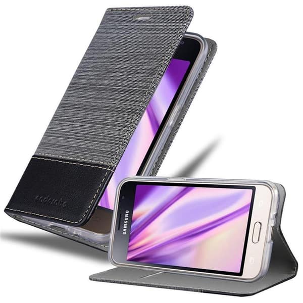 Samsung Galaxy J1 2016 Skal Plånboksfodral med magnetisk stängning, ståfunktion och kortficka GRÅ SVART