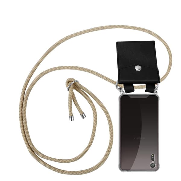 Deksel med kedja Sony Xperia XZ / XZs Case med sølvfargede ringer, ledningsstropp og avtakbart etui SKINENDE BRUN