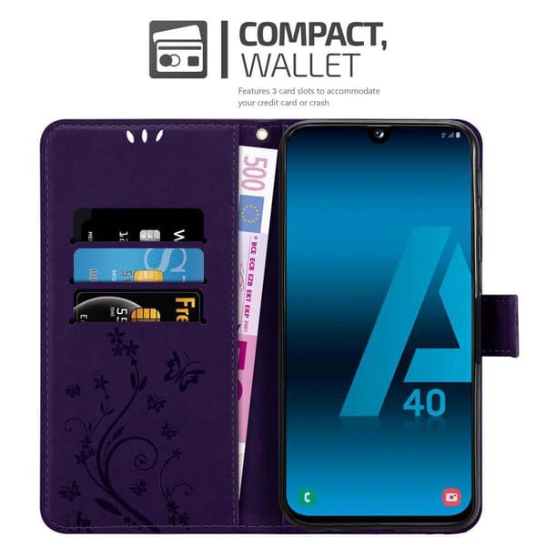 Samsung Galaxy A40 Suojakotelo Suojakuori Lompakkokotelo Matkapuhelinkotelo Kukat jossa on magneettisuljenta, jalusta-toiminto ja korttipaikat