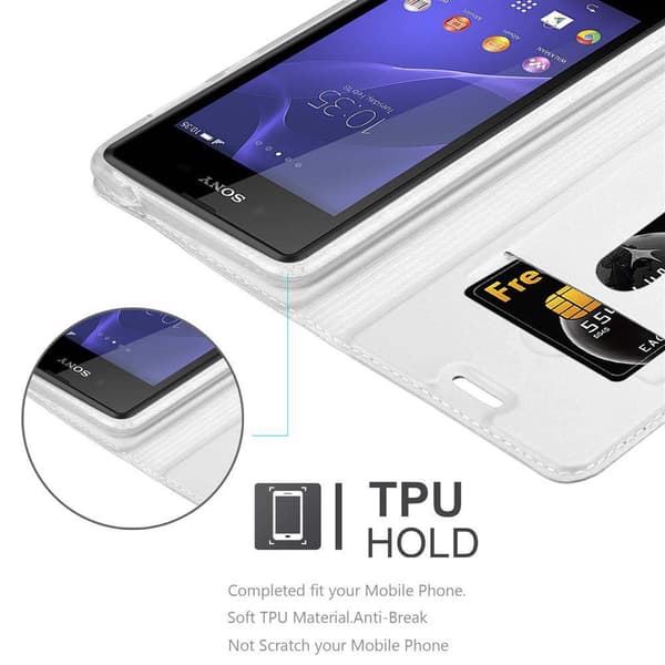 Deksel til Sony Xperia E3 Lommebokdeksel med magnetisk lukking, stativfunksjon og kortlomme