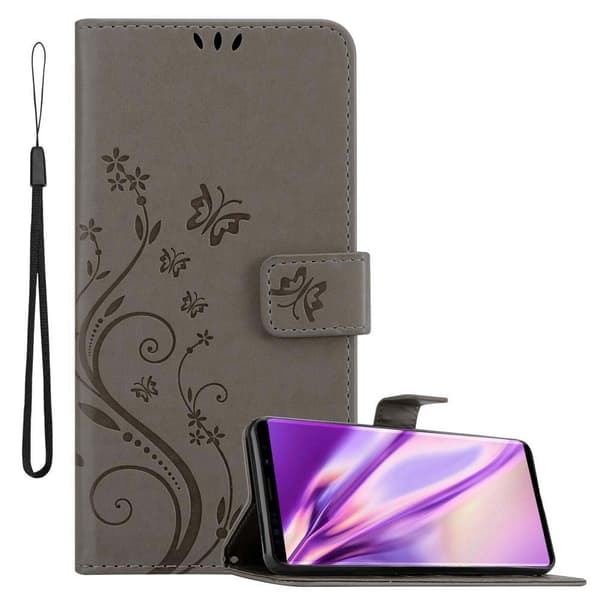 Samsung Galaxy NOTE 9 Skal Fodral i blomdesign Mobilskydd Case Cover med magnetisk stängning, ståfunktion och kortplatser BLOMMIG GRÅ