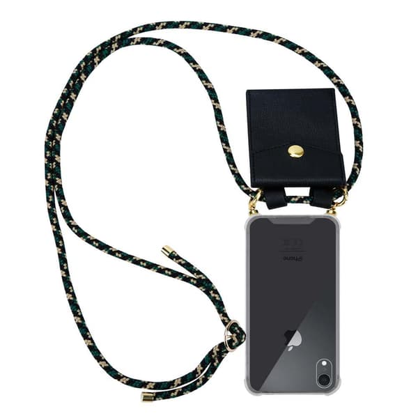 Deksel med kedja for iPhone XR Case med gullringer, ledningsstropp og avtakbart etui KAMUFLERE