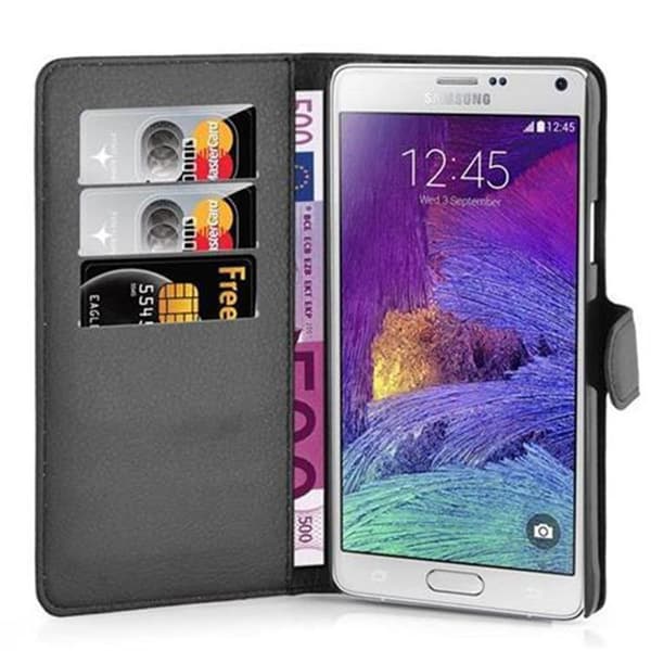 Samsung Galaxy NOTE 4 Suojakotelo Lompakkokotelo Matkapuhelinkotelo Suojakuori jossa magneettisuljenta, jalusta-toiminto ja korttitasku PHANTOM MUSTA