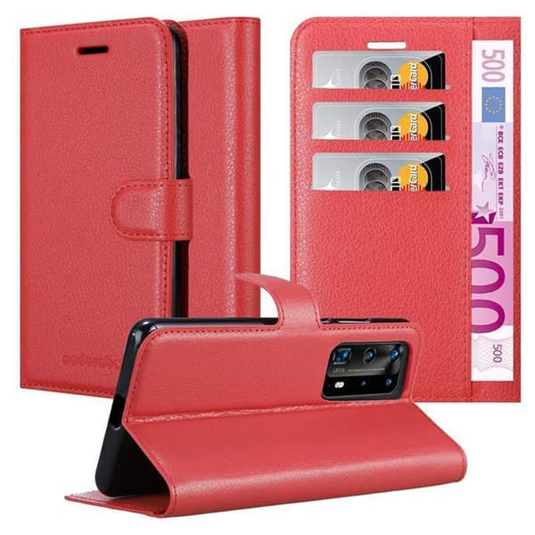 Huawei P40 PRO / P40 PRO+ Suojakotelo Lompakkokotelo Matkapuhelinkotelo Suojakuori jossa magneettisuljenta, jalusta-toiminto ja korttitasku CARMIN RED