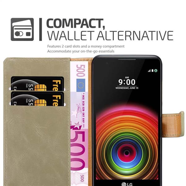 LG X POWER Suojakotelo Suojakuori Lompakkokotelo Matkapuhelinkotelo jossa magneettisuljenta, jalusta-toiminto ja korttitasku