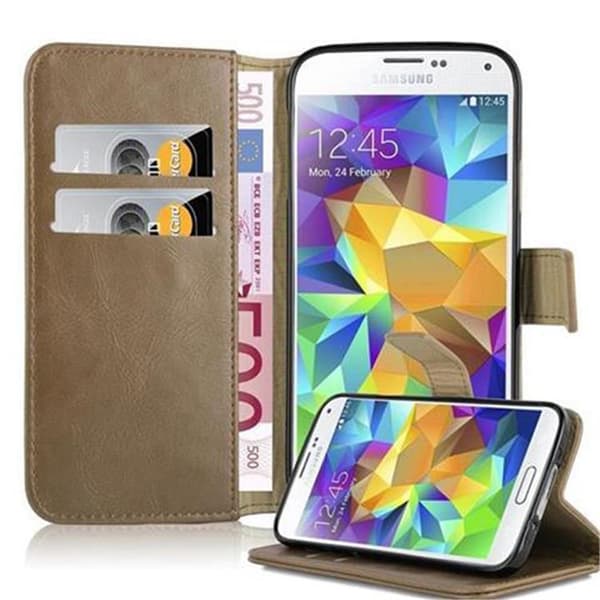 Samsung Galaxy S5 / S5 NEO Suojakotelo Suojakuori Lompakkokotelo Matkapuhelinkotelo jossa magneettisuljenta, jalusta-toiminto ja korttitasku CAPPUCCINO RUSKEA