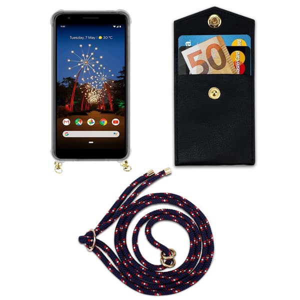 Deksel med kedja for Google PIXEL 3A Case med gullringer, ledningsstropp og avtakbart etui