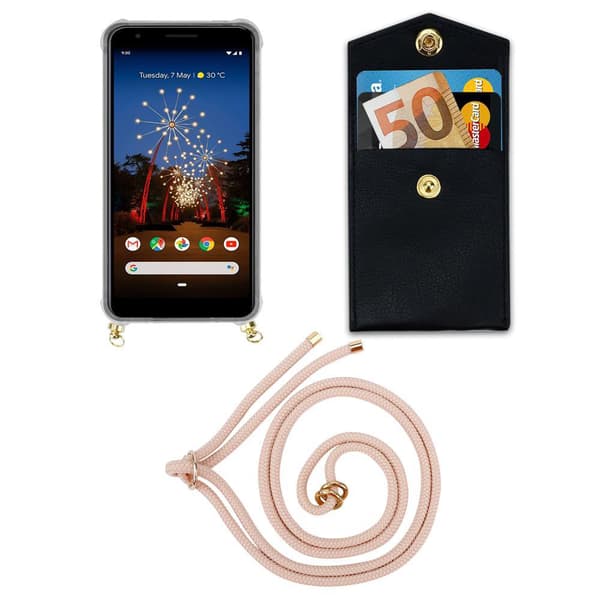 Deksel med kedja for Google PIXEL 3A Case med gullringer, ledningsstropp og avtakbart etui