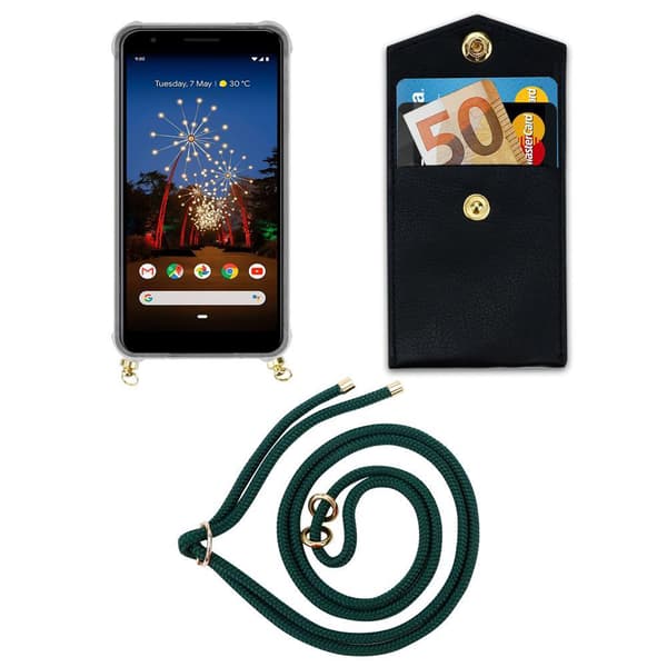 Deksel med kedja for Google PIXEL 3A Case med gullringer, ledningsstropp og avtakbart etui