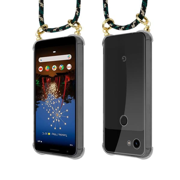 Deksel med kedja for Google PIXEL 3A Case med gullringer, ledningsstropp og avtakbart etui
