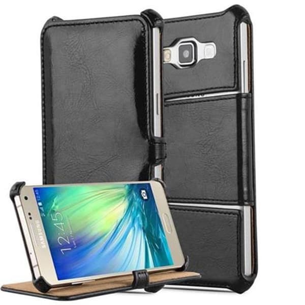 Lommebokdeksel til Samsung Galaxy A5 2015 Beskyttelsesdeksel UTEN magnetisk lukking med stativfunksjon og hjørneholder PIANO SVART