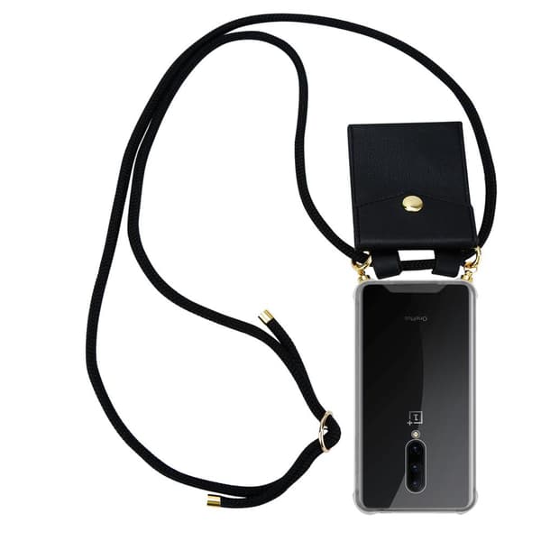 Deksel med kedja for OnePlus 7 PRO Case med gullringer, ledningsstropp og avtakbart etui SVART