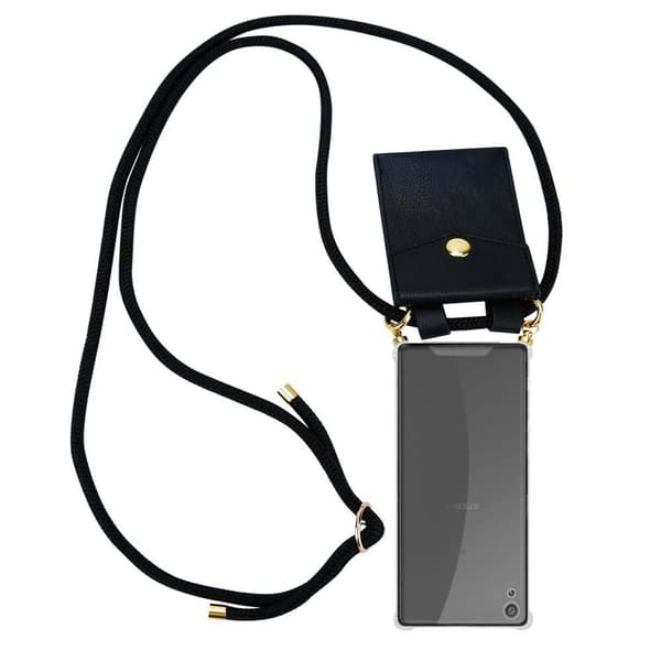 Deksel med kedja for Sony Xperia XA Case med gullringer, ledningsstropp og avtakbart etui SVART