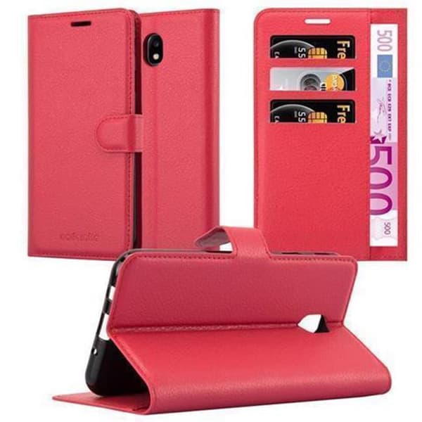 Samsung Galaxy J7 2017 Suojakotelo Lompakkokotelo Matkapuhelinkotelo Suojakuori jossa magneettisuljenta, jalusta-toiminto ja korttitasku CARMIN RED