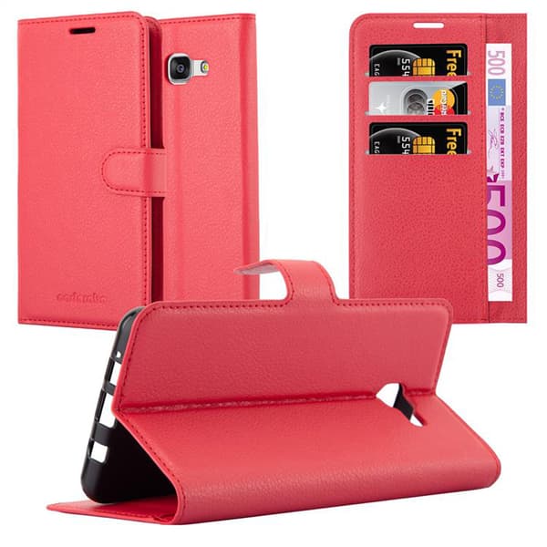 Samsung Galaxy A7 2016 Suojakotelo Lompakkokotelo Matkapuhelinkotelo Suojakuori jossa magneettisuljenta, jalusta-toiminto ja korttitasku CARMIN RED