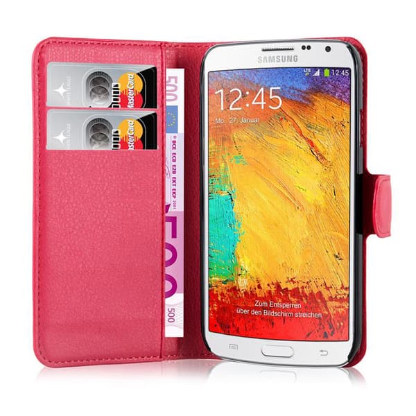Samsung Galaxy NOTE 3 NEO Suojakotelo Lompakkokotelo Matkapuhelinkotelo Suojakuori jossa magneettisuljenta, jalusta-toiminto ja korttitasku CARMIN RED