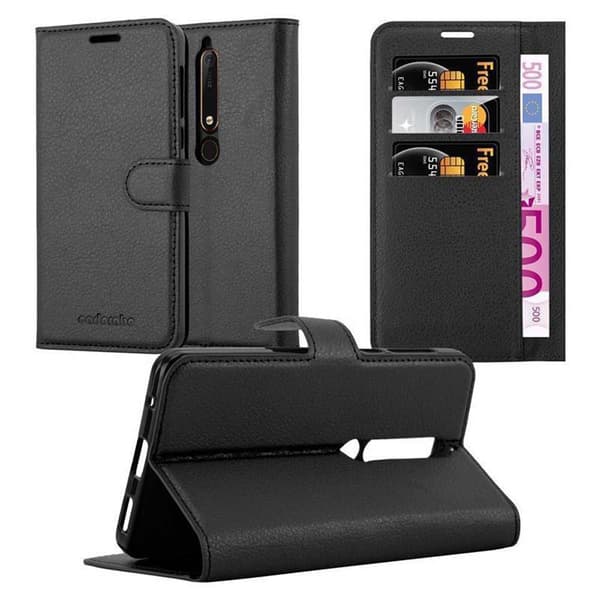 Nokia 6.1 Suojakotelo Lompakkokotelo Matkapuhelinkotelo Suojakuori jossa magneettisuljenta, jalusta-toiminto ja korttitasku PHANTOM MUSTA