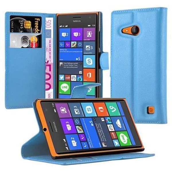 Nokia Lumia 730 Suojakotelo Lompakkokotelo Matkapuhelinkotelo Suojakuori jossa magneettisuljenta, jalusta-toiminto ja korttitasku PASTELLINSININEN
