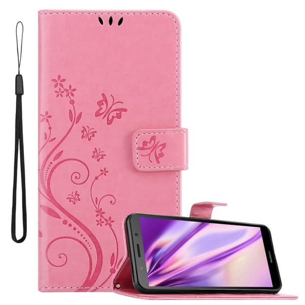Huawei Y5 PRIME 2018 / Y5 2018 Skal Fodral i blomdesign Mobilskydd Case Cover med magnetisk stängning, ståfunktion och kortplatser BLOMMIG ROSA