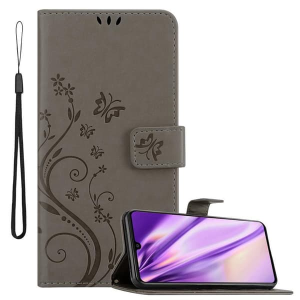 Samsung Galaxy A41 Skal Fodral i blomdesign Mobilskydd Case Cover med magnetisk stängning, ståfunktion och kortplatser BLOMMIG GRÅ