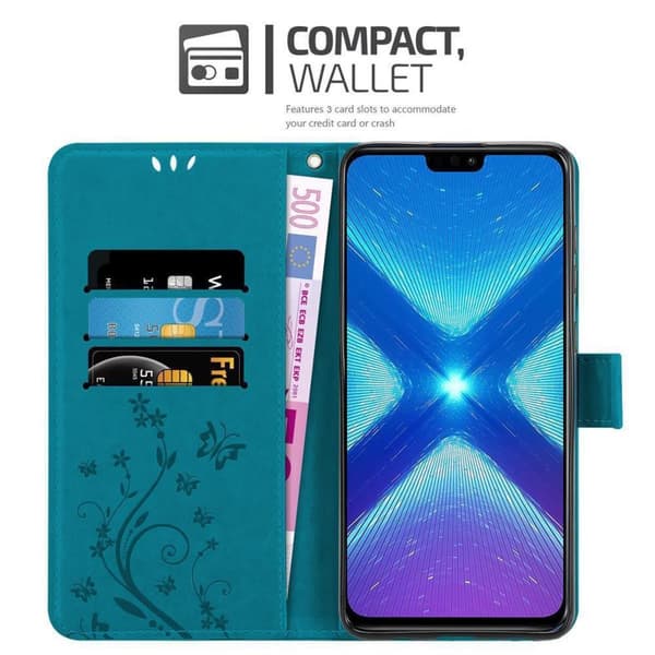 Honor 8X Suojakotelo Suojakuori Lompakkokotelo Matkapuhelinkotelo Kukat jossa on magneettisuljenta, jalusta-toiminto ja korttipaikat