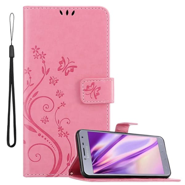Samsung Galaxy J4 2018 Skal Fodral i blomdesign Mobilskydd Case Cover med magnetisk stängning, ståfunktion och kortplatser BLOMMIG ROSA