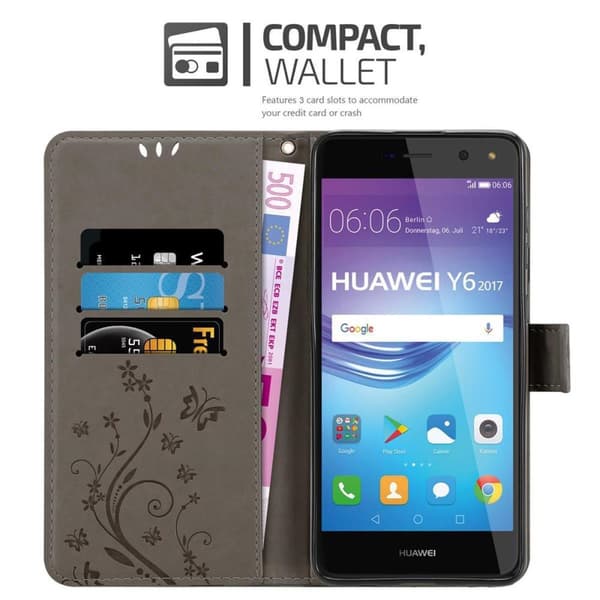 Huawei Y5 2017 / Y6 2017 Suojakotelo Suojakuori Lompakkokotelo Matkapuhelinkotelo Kukat jossa on magneettisuljenta, jalusta-toiminto ja korttipaikat