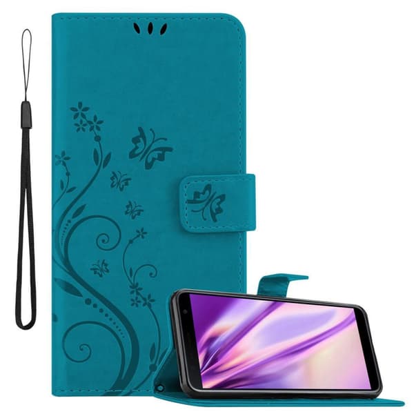 Deksel til Samsung Galaxy J4 PLUS Lommebokdeksel i blomster design med magnetisk lukking, stativfunksjon og kortplasser BLOMSTER BLÅ