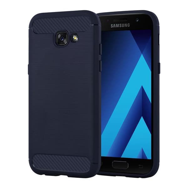 Deksel til Samsung Galaxy A3 2017 Beskyttelsesdeksel av fleksibelt TPU-silikon i rustfritt stål-karbonfiberutseende BØRSTET BLÅT