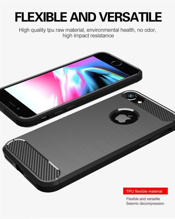 Deksel til iPhone 7 / 7S / 8 Beskyttelsesdeksel av fleksibelt TPU-silikon i rustfritt stål-karbonfiberutseende